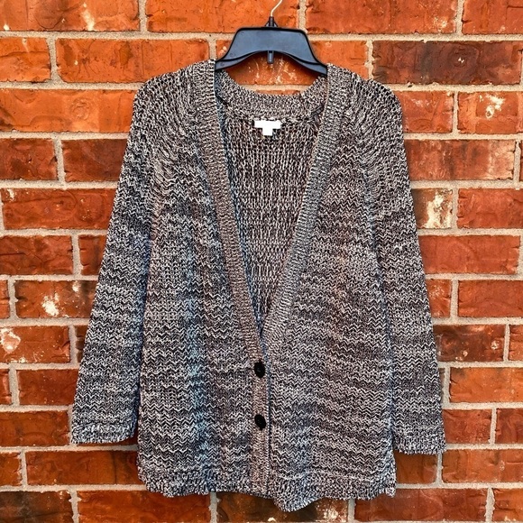 J. Jill Womens Large Gray Black Chunky Crochet Knit Grandpa Cardigan Sweater - Picture 10 of 10
